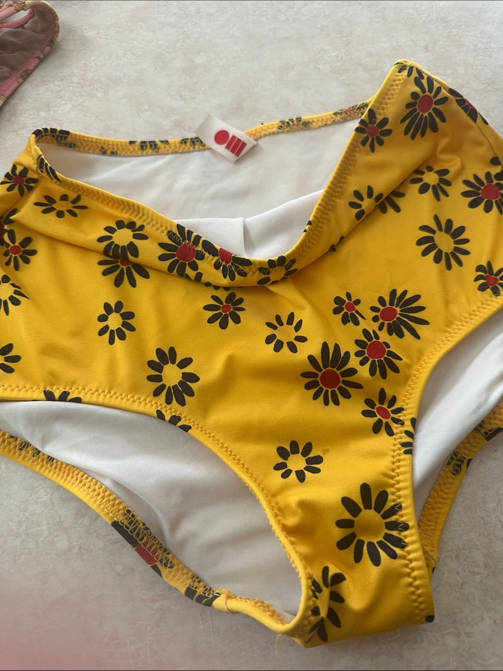 SOLID & STRIPED Yellow Floral Bikini Bottoms with Black and Red Daisy Print